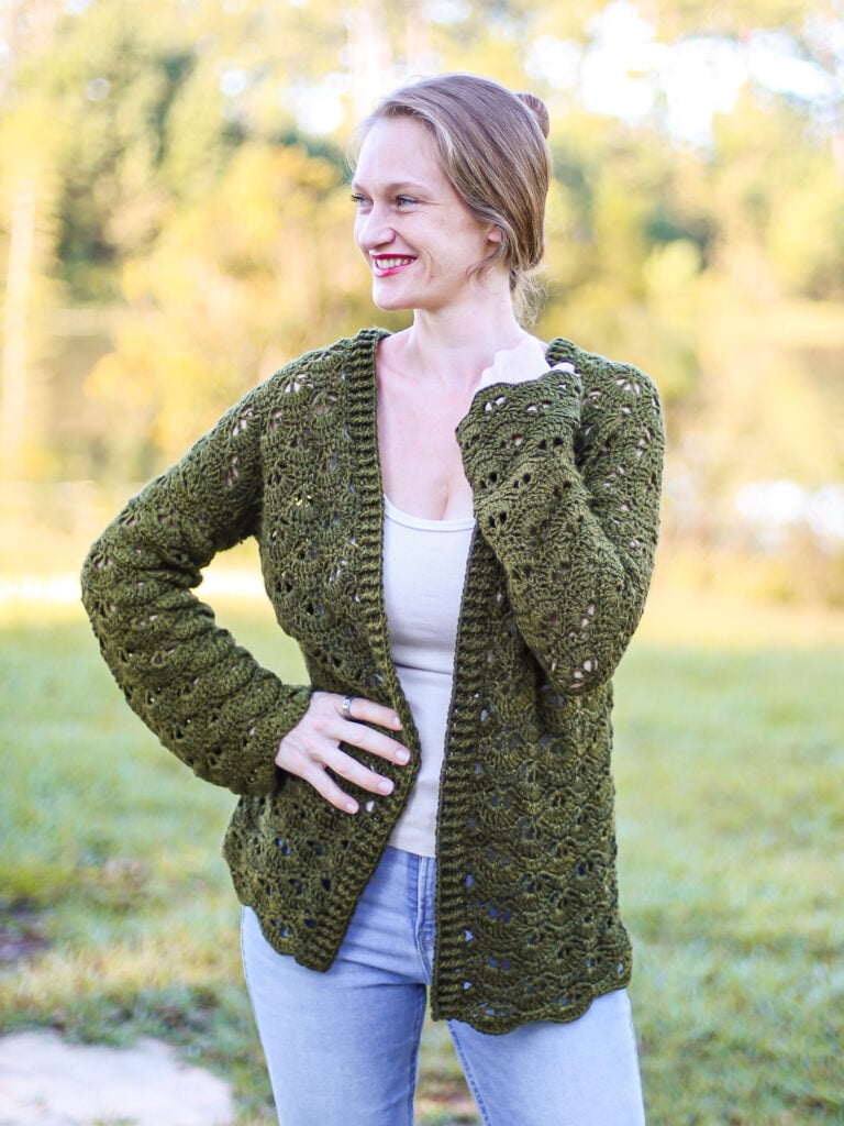 Free Lace Shell Stitch Evergreen Crochet Cardigan